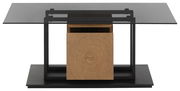 Moderner Couchtisch mit Glasplatte und Holzdetail, frontal betrachtet.