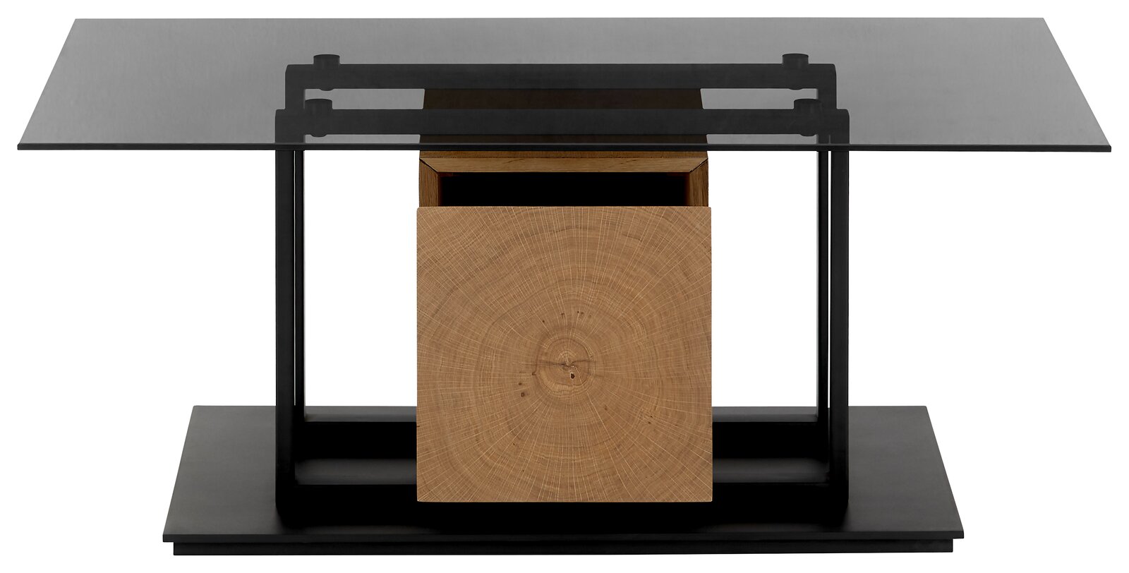 Moderner Couchtisch mit Glasplatte und Holzdetail, frontal betrachtet.