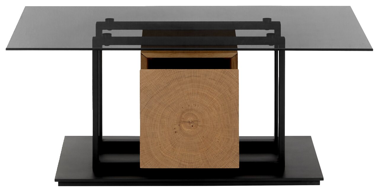 Moderner Couchtisch mit Glasplatte und Holzdetail, frontal betrachtet.