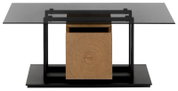 Moderner Couchtisch mit Glasplatte und Holzdetail, frontal betrachtet.