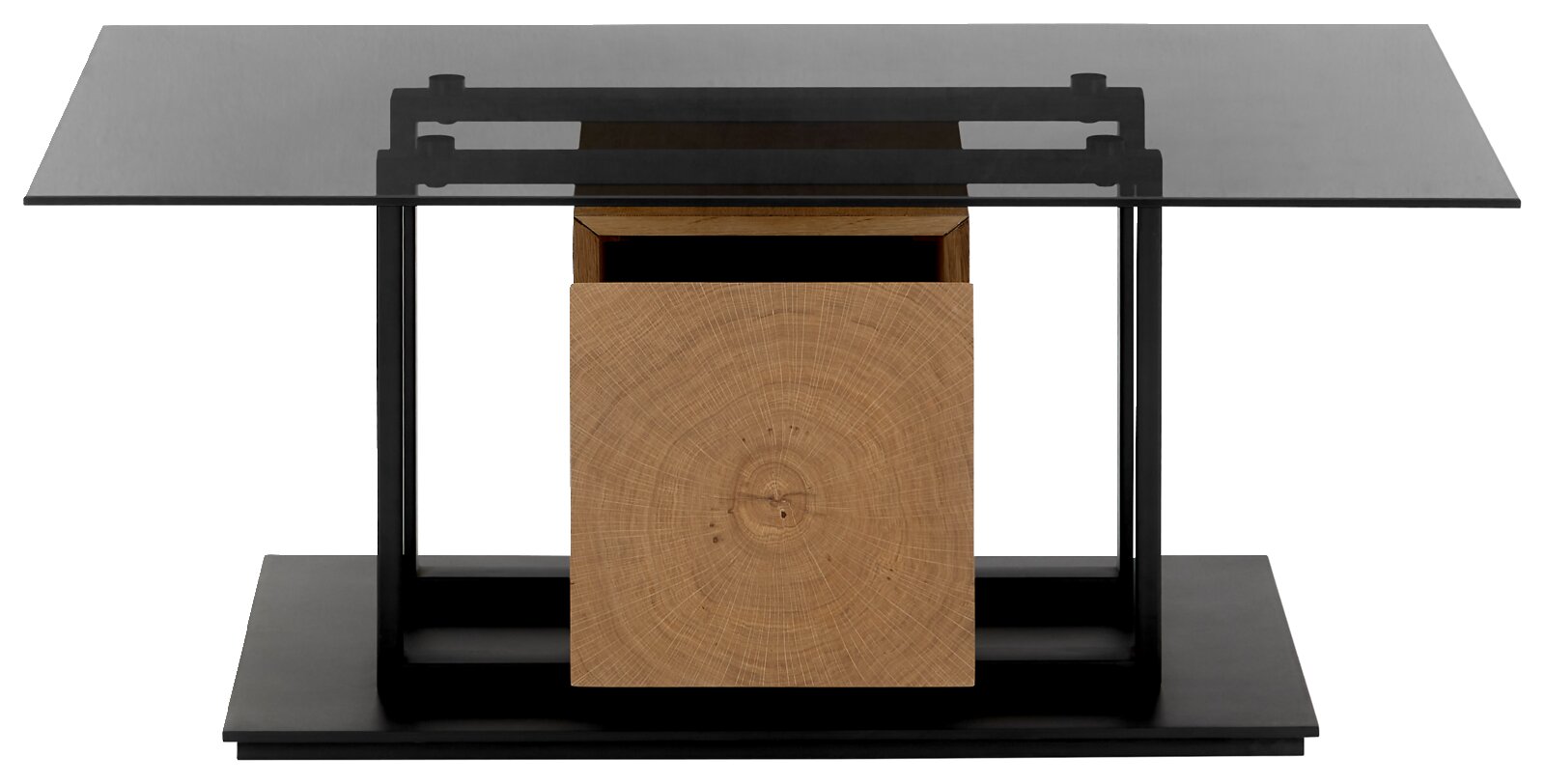 Moderner Couchtisch mit Glasplatte und Holzdetail, frontal betrachtet.