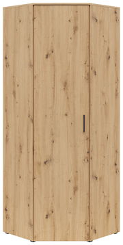 Eckschrank aus Holz in heller Eichenoptik, frontal abgebildet