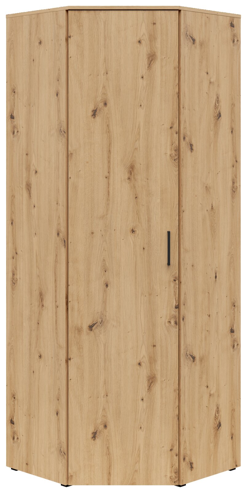 Eckschrank aus Holz in heller Eichenoptik, frontal abgebildet