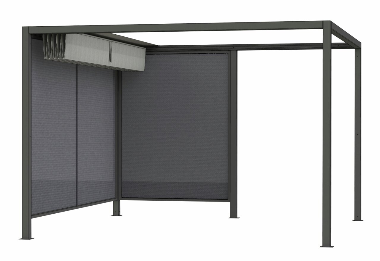 Moderne Ranotex-zonnescherm van metaal met zijdelings zicht, ideaal voor buitengebruik.