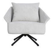 Frontalansicht eines modernen, grauen Sessels mit Kissen und schwarzem Drehfußgestell.