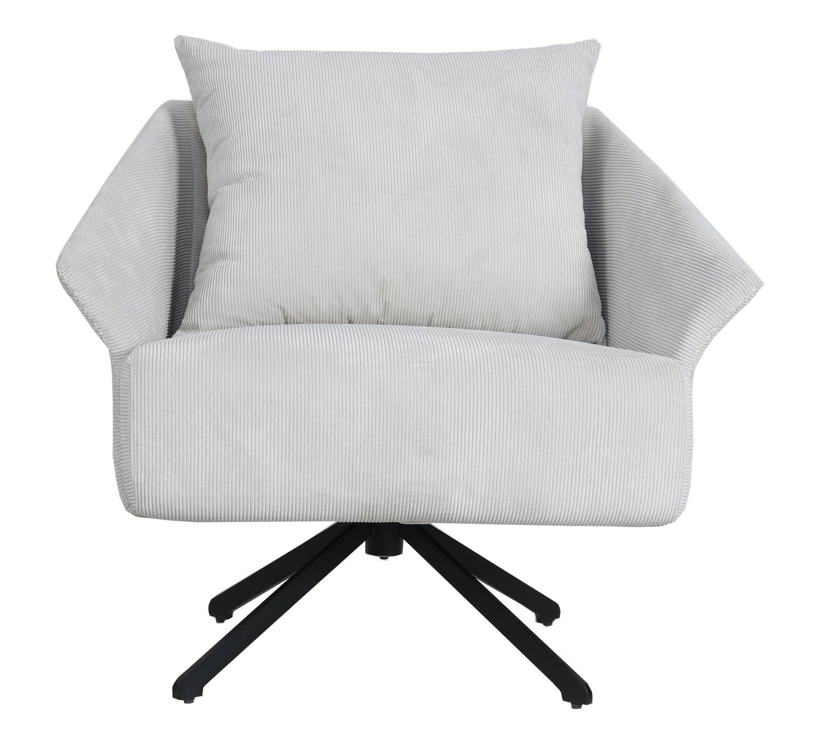 Frontalansicht eines modernen, grauen Sessels mit Kissen und schwarzem Drehfußgestell.