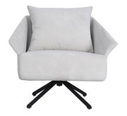 Frontalansicht eines modernen, grauen Sessels mit Kissen und schwarzem Drehfußgestell.