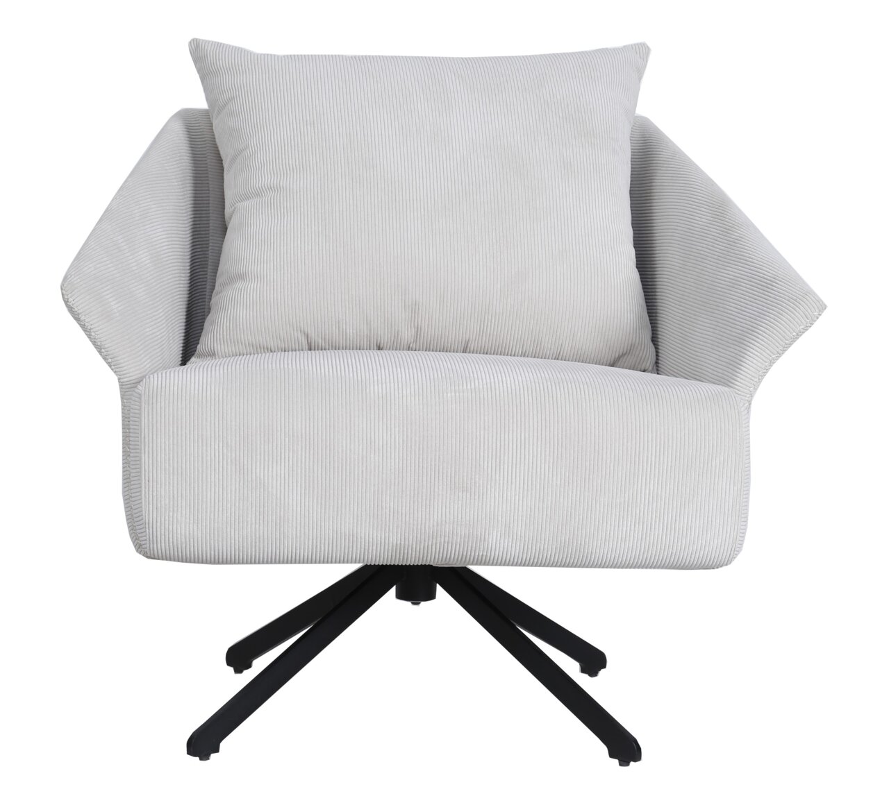 Vooraanzicht van een moderne, grijze fauteuil met kussens en een zwart draaipootonderstel.