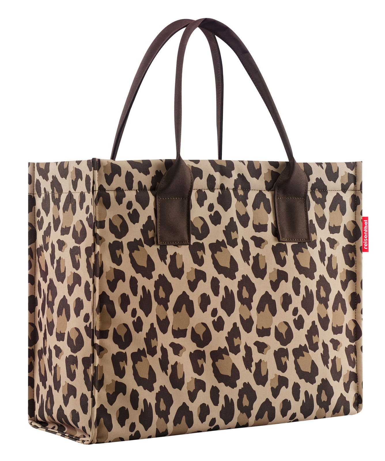 Reisenthel Daily Shopper Leo Macchiato Leopardenmuster-Einkaufstasche mit braunen Henkeln, seitliche Perspektive