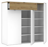 XXL-Schuhschrank breit mit weißem Korpus und Holzelementen, Frontansicht