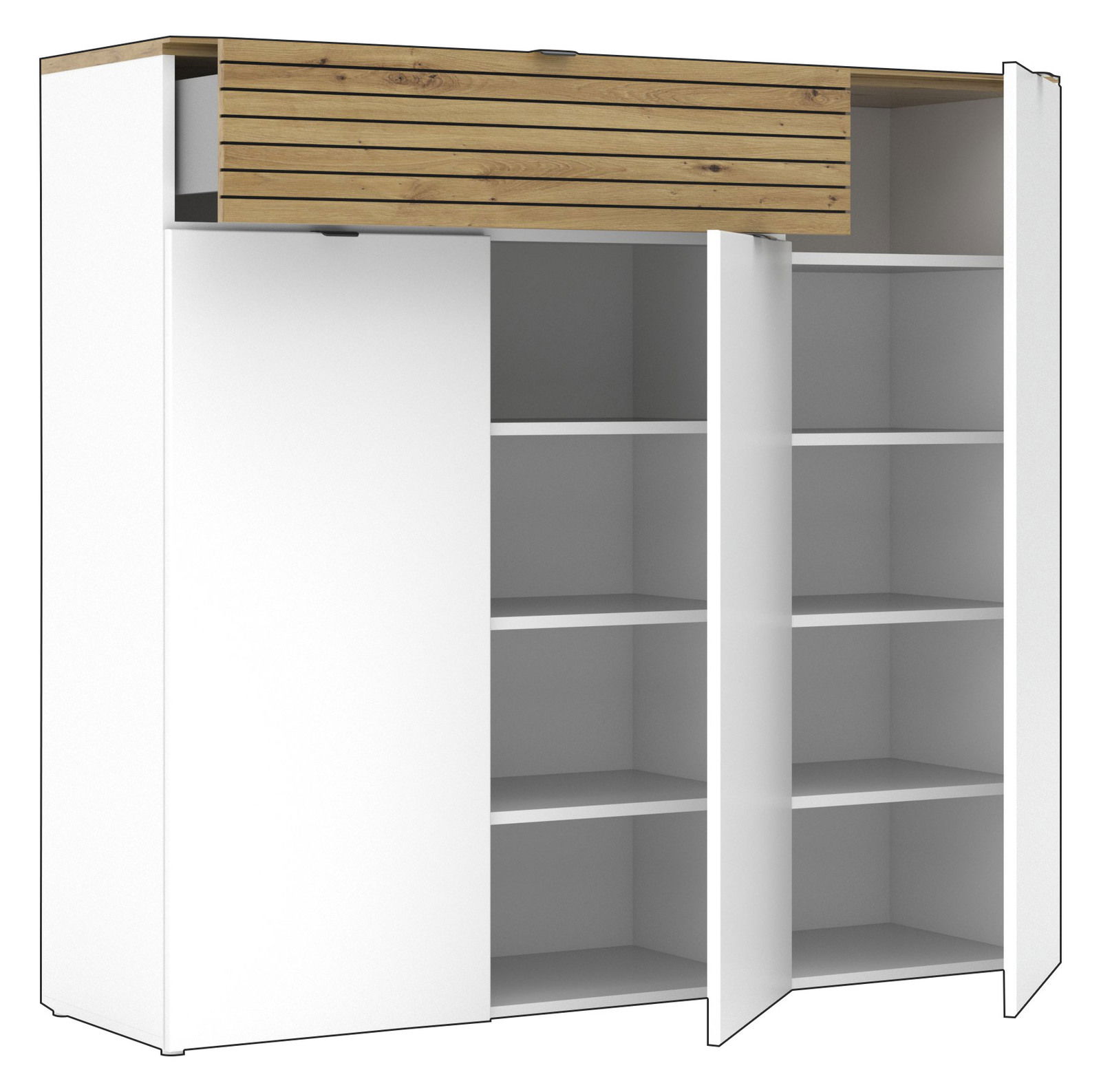 XXL-Schuhschrank breit mit weißem Korpus und Holzelementen, Frontansicht
