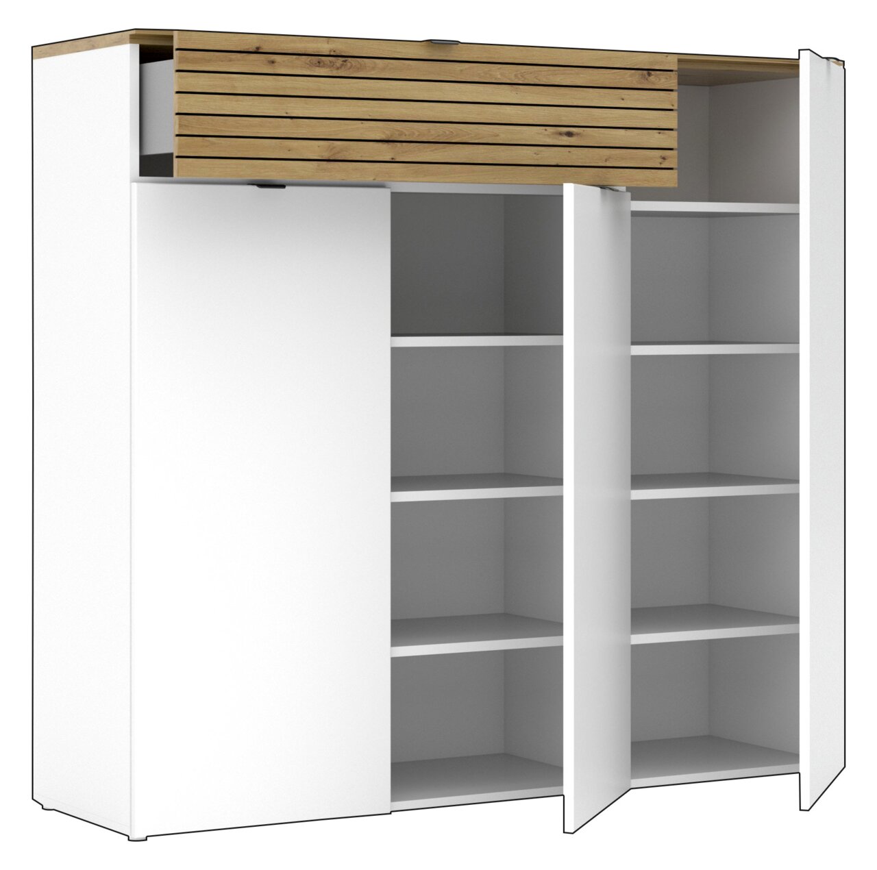 Brede XXL-schoenenkast met witte behuizing en houten elementen, vooraanzicht