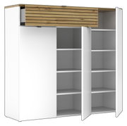 Brede XXL-schoenenkast met witte behuizing en houten elementen, vooraanzicht