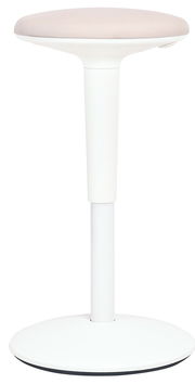 Moderner Sitzhocker mit weißem Gestell und beigem Sitzpolster, seitliche Perspektive