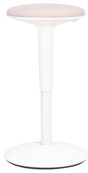 Moderner Sitzhocker mit weißem Gestell und beigem Sitzpolster, seitliche Perspektive