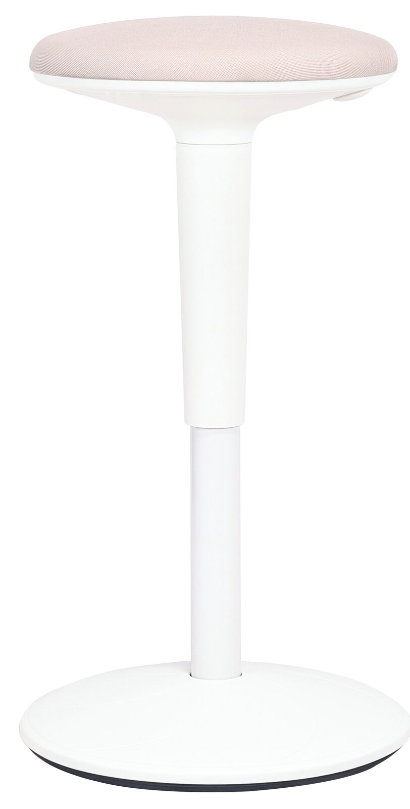 Moderner Sitzhocker mit weißem Gestell und beigem Sitzpolster, seitliche Perspektive