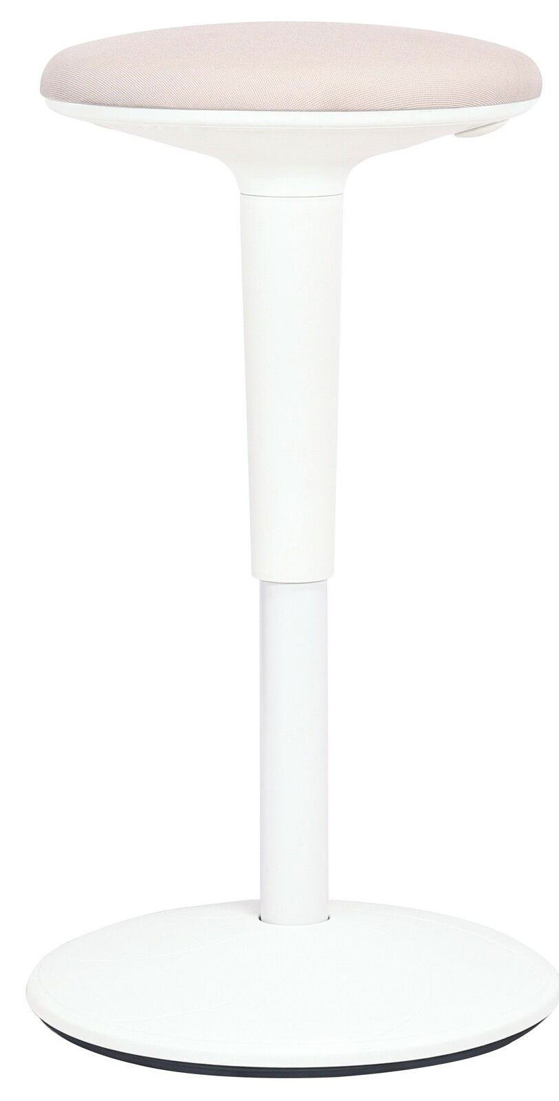 Moderner Sitzhocker mit weißem Gestell und beigem Sitzpolster, seitliche Perspektive