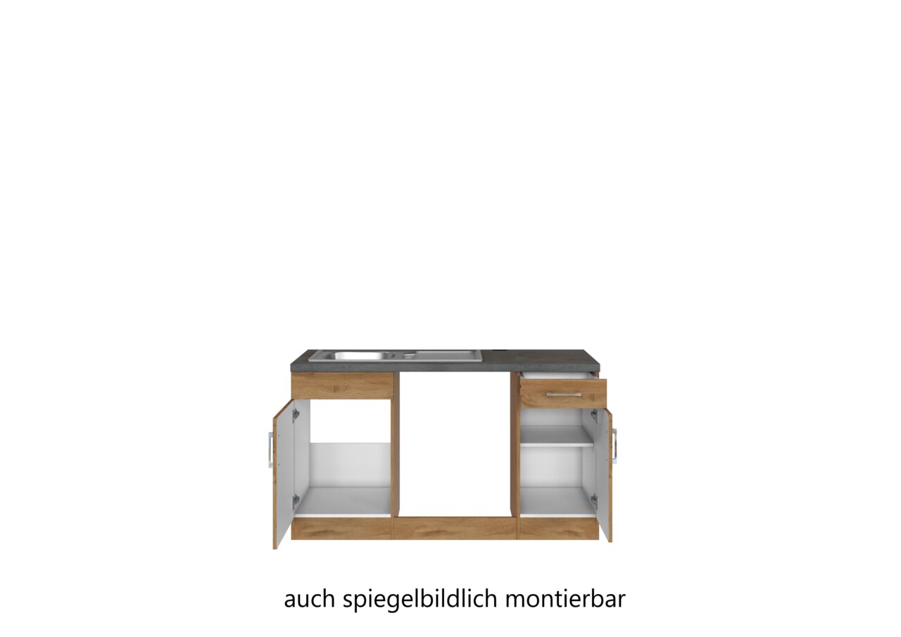 Frontansicht einer Eck-Küchenzeile mit Holzoptik und grauer Arbeitsplatte, inklusive Spüle und offenen Schränken. Auch spiegelbildlich montierbar.