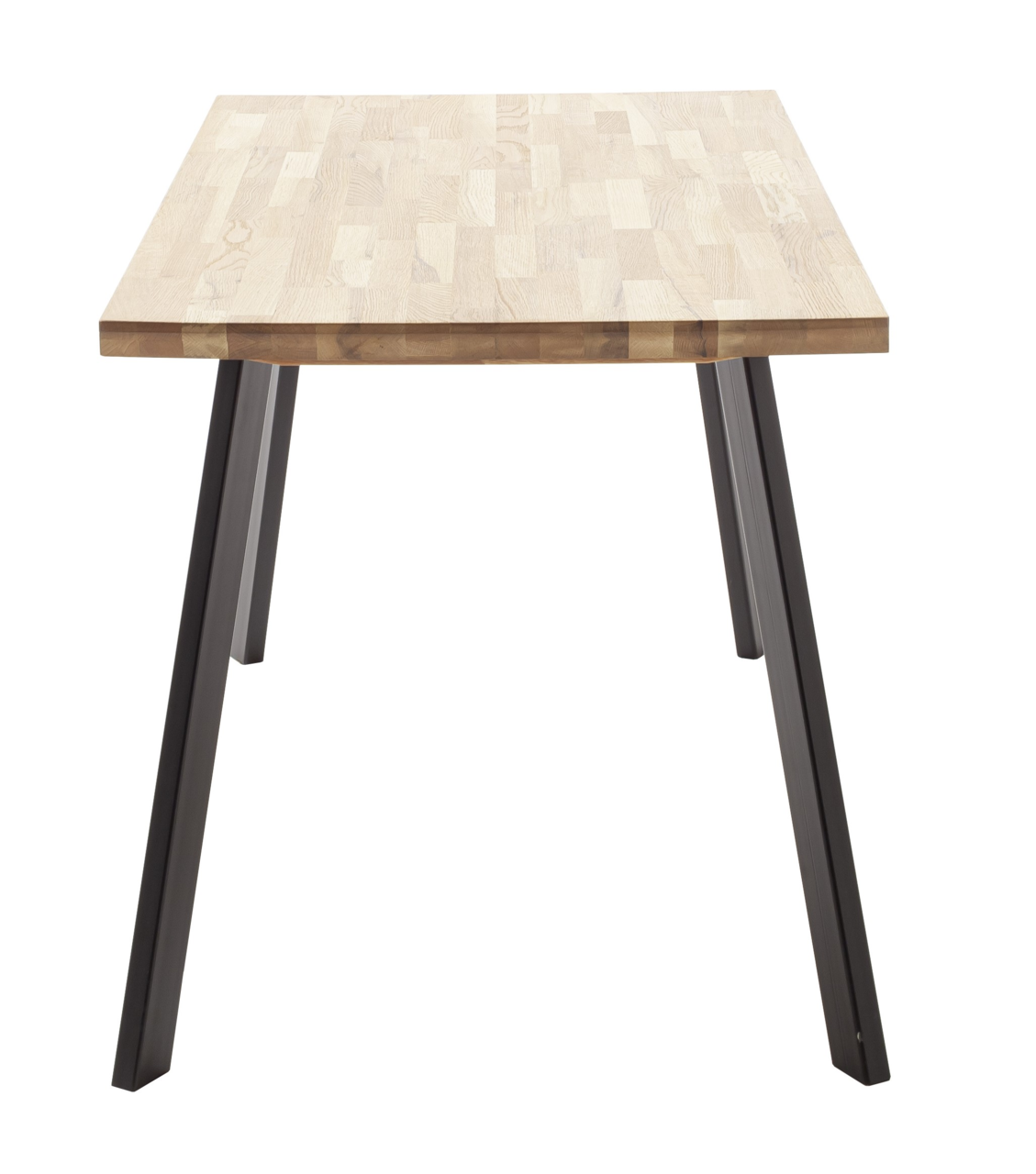 Esstisch mit Holzplatte und schwarzen Metallbeinen, Frontalansicht