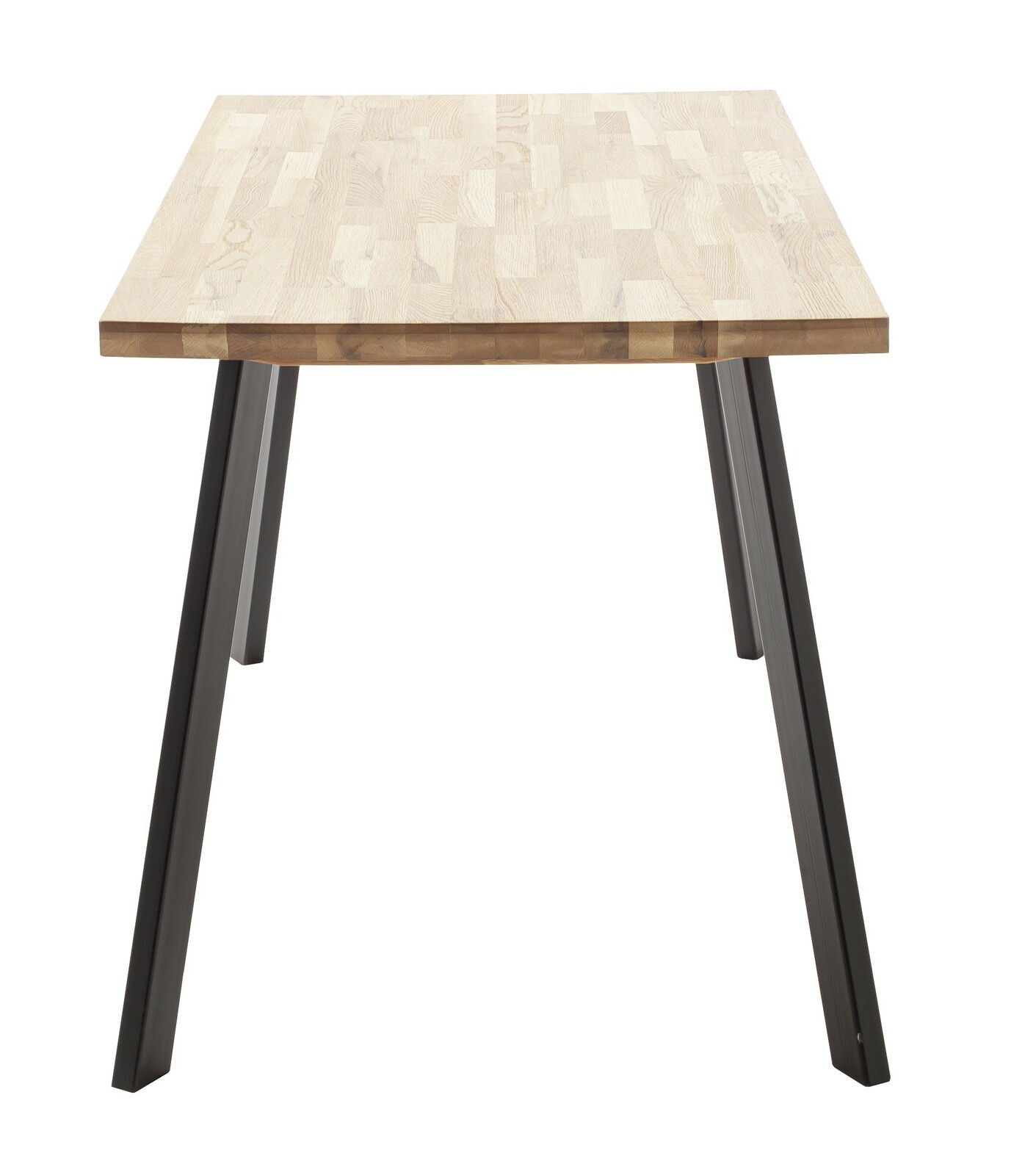 Esstisch mit Holzplatte und schwarzen Metallbeinen, Frontalansicht