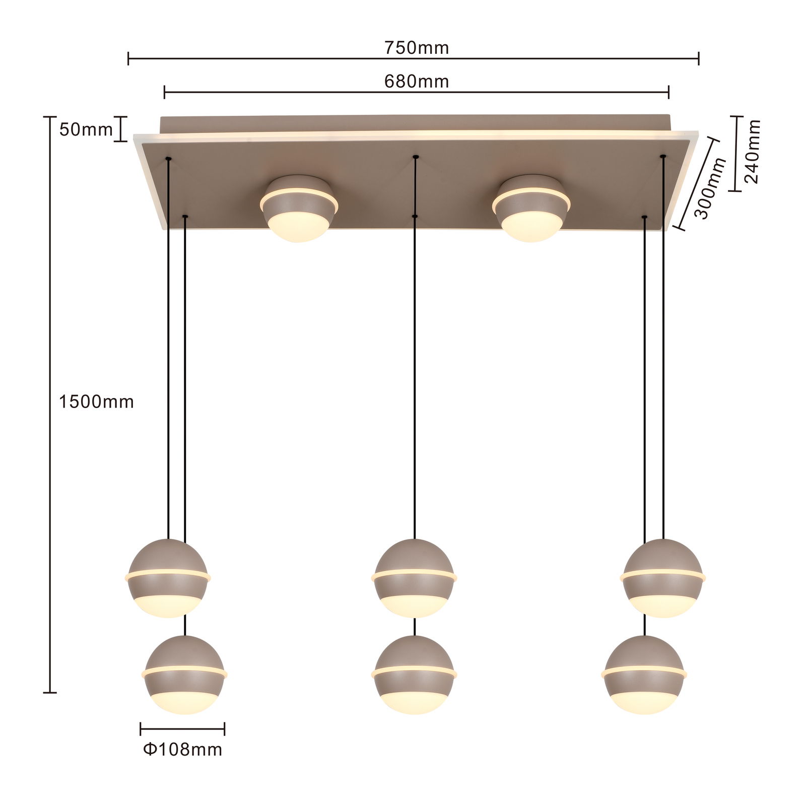 LED-Pendelleuchte mit sechs kugelförmigen Lampen, hängend an einem rechteckigen Deckenpanel, seitliche Perspektive.