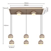 LED-Pendelleuchte mit sechs kugelförmigen Lampen, hängend an einem rechteckigen Deckenpanel, seitliche Perspektive.