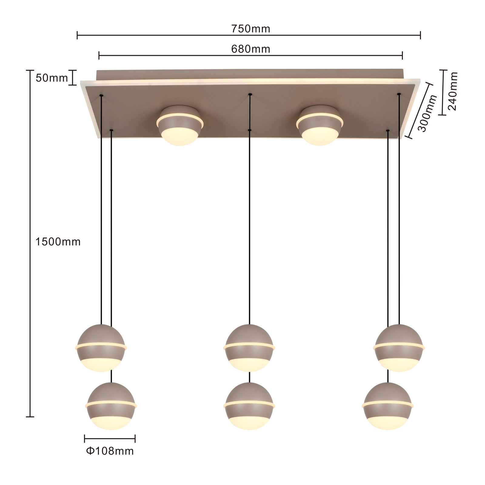 LED-Pendelleuchte mit sechs kugelförmigen Lampen, hängend an einem rechteckigen Deckenpanel, seitliche Perspektive.