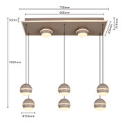 LED-Pendelleuchte mit sechs kugelförmigen Lampen, hängend an einem rechteckigen Deckenpanel, seitliche Perspektive.