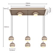 LED-Pendelleuchte mit sechs kugelförmigen Lampen, hängend an einem rechteckigen Deckenpanel, seitliche Perspektive.