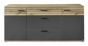 Frontale Ansicht eines modernen Sideboards mit Holz- und dunklen Elementen, drei Schubladen und zwei Türen.