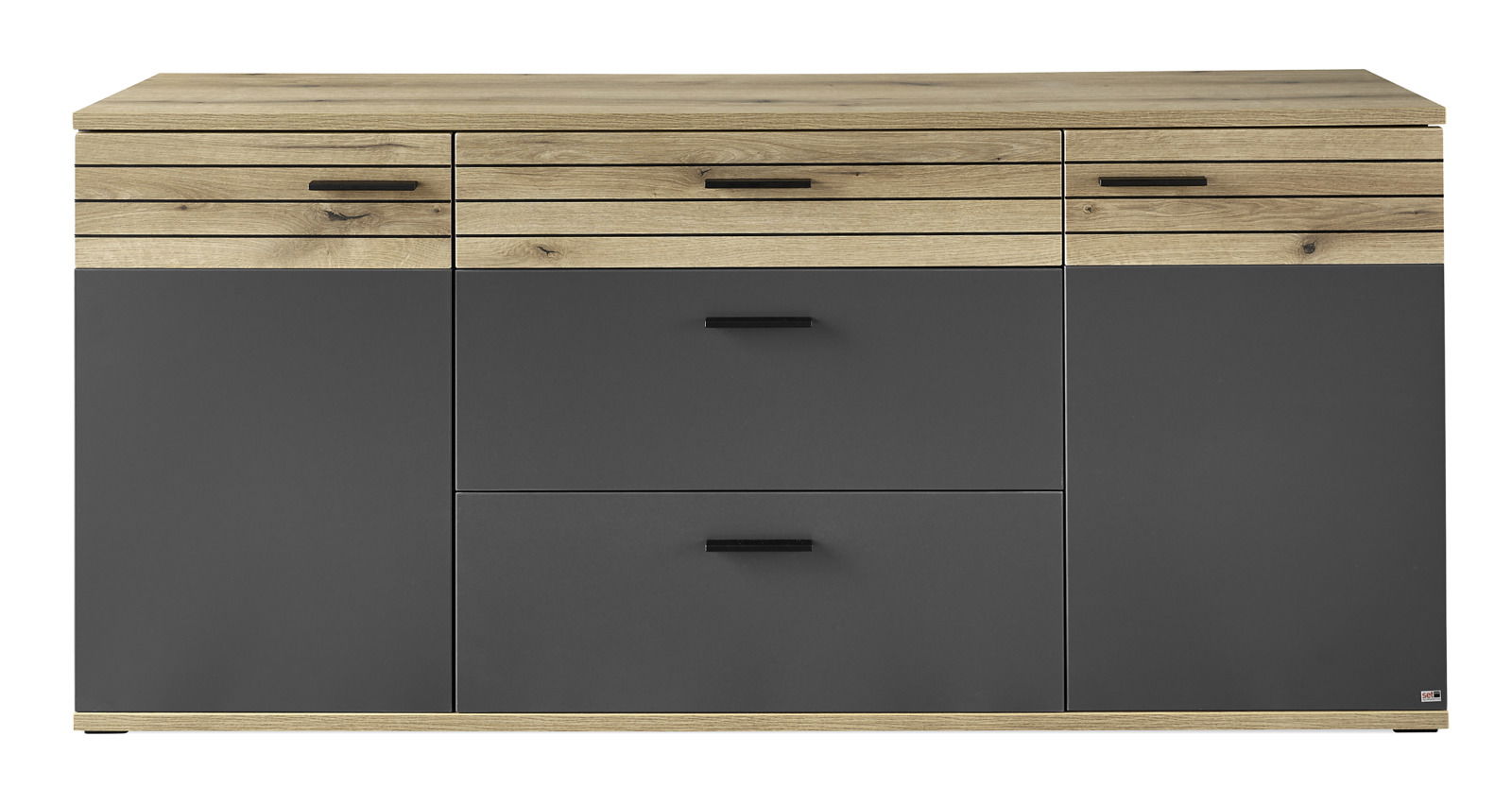 Frontale Ansicht eines modernen Sideboards mit Holz- und dunklen Elementen, drei Schubladen und zwei Türen.