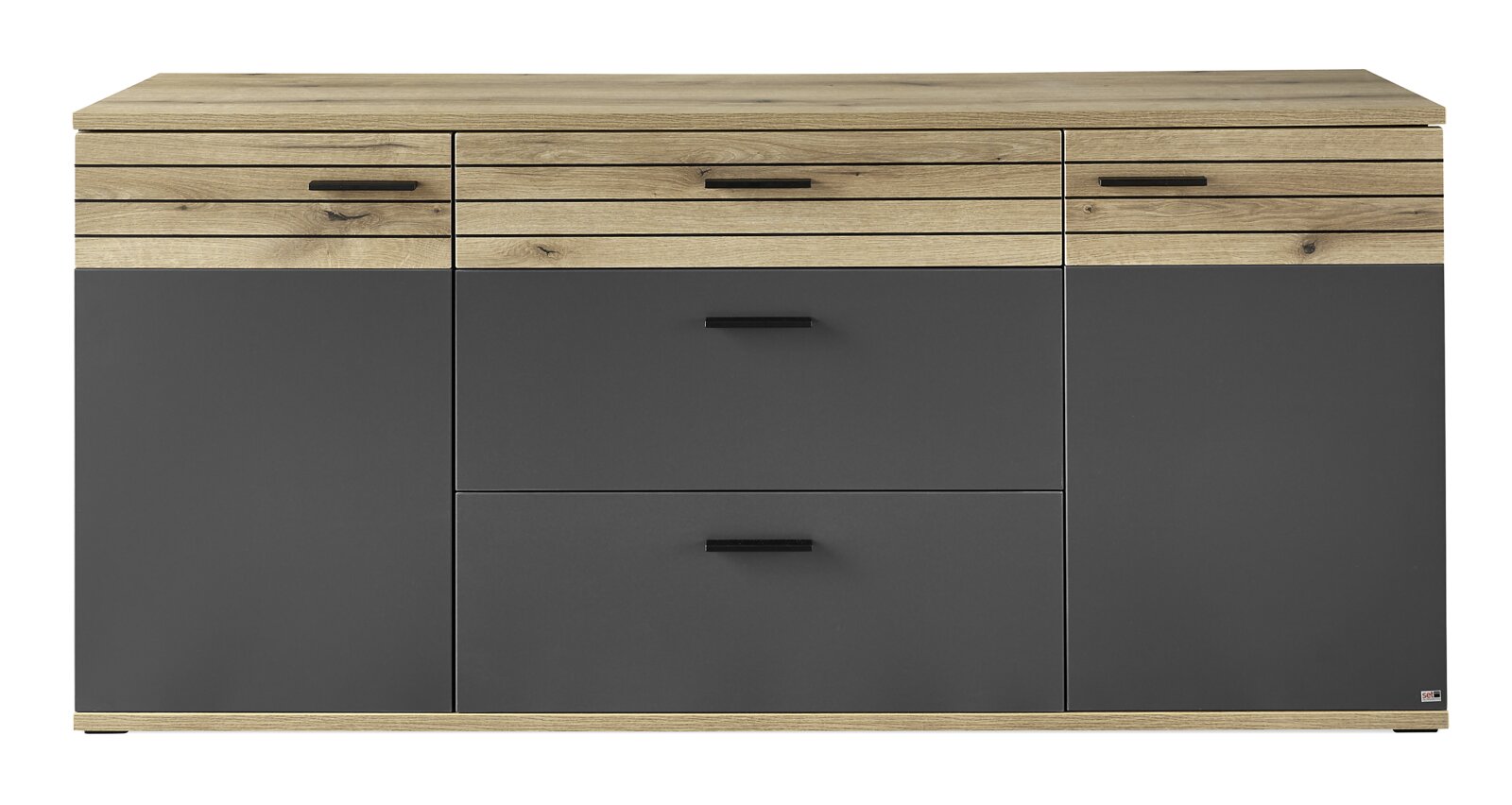 Frontale Ansicht eines modernen Sideboards mit Holz- und dunklen Elementen, drei Schubladen und zwei Türen.