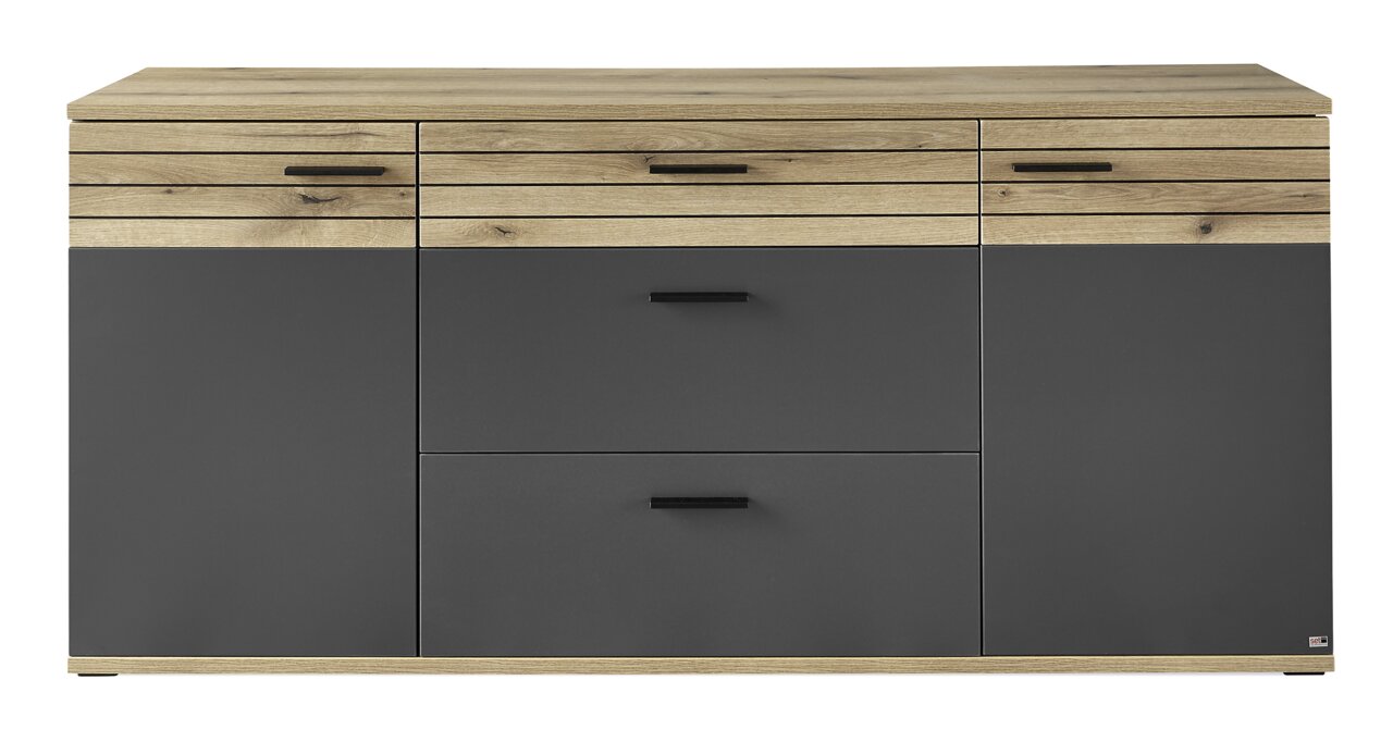 Frontale Ansicht eines modernen Sideboards mit Holz- und dunklen Elementen, drei Schubladen und zwei Türen.