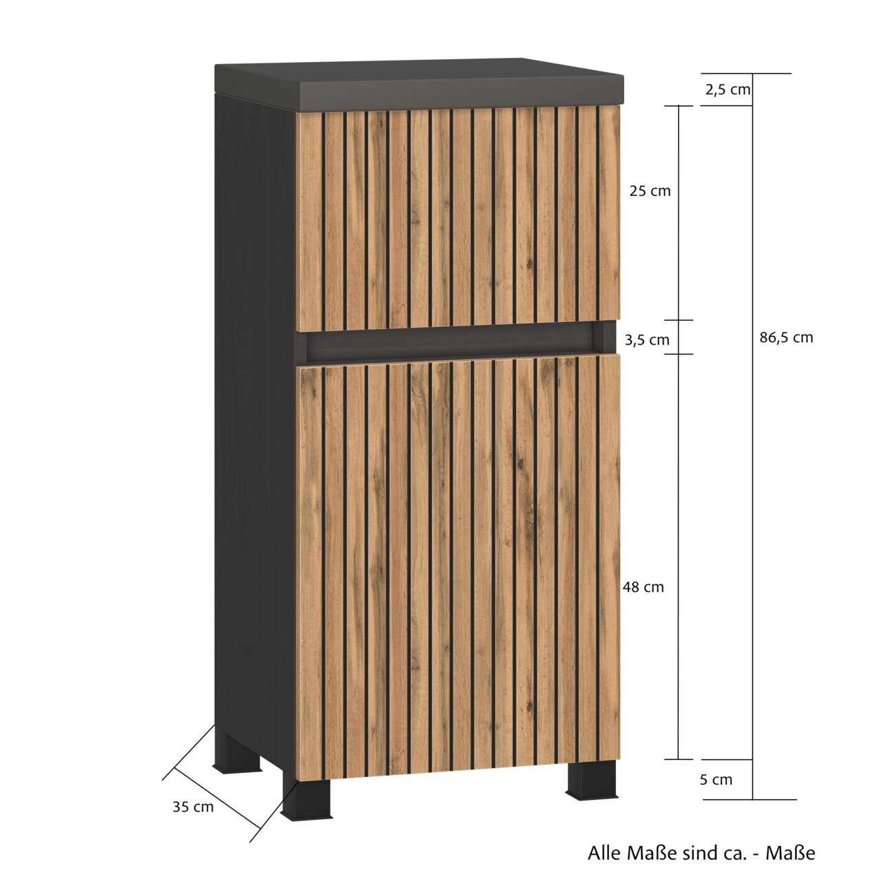 Moderner Unterschrank mit Holzlamellen-Design, frontal abgebildet. Maße: 86,5 cm hoch, 35 cm tief.