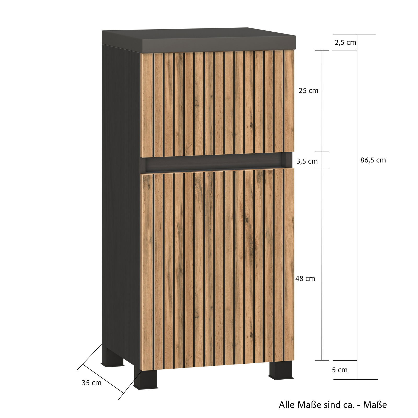 Moderner Unterschrank mit Holzlamellen-Design, frontal abgebildet. Maße: 86,5 cm hoch, 35 cm tief.