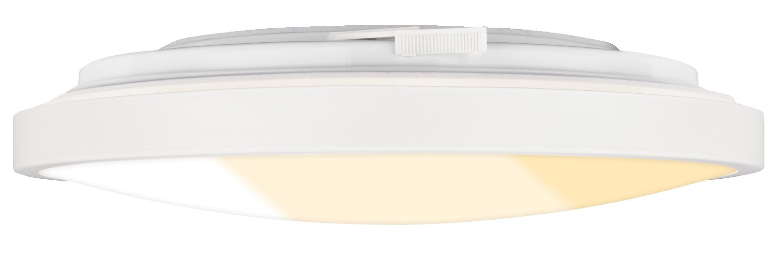 Ronde witte LED plafondlamp met geïntegreerde diffuser, zijaanzicht van laag profiel