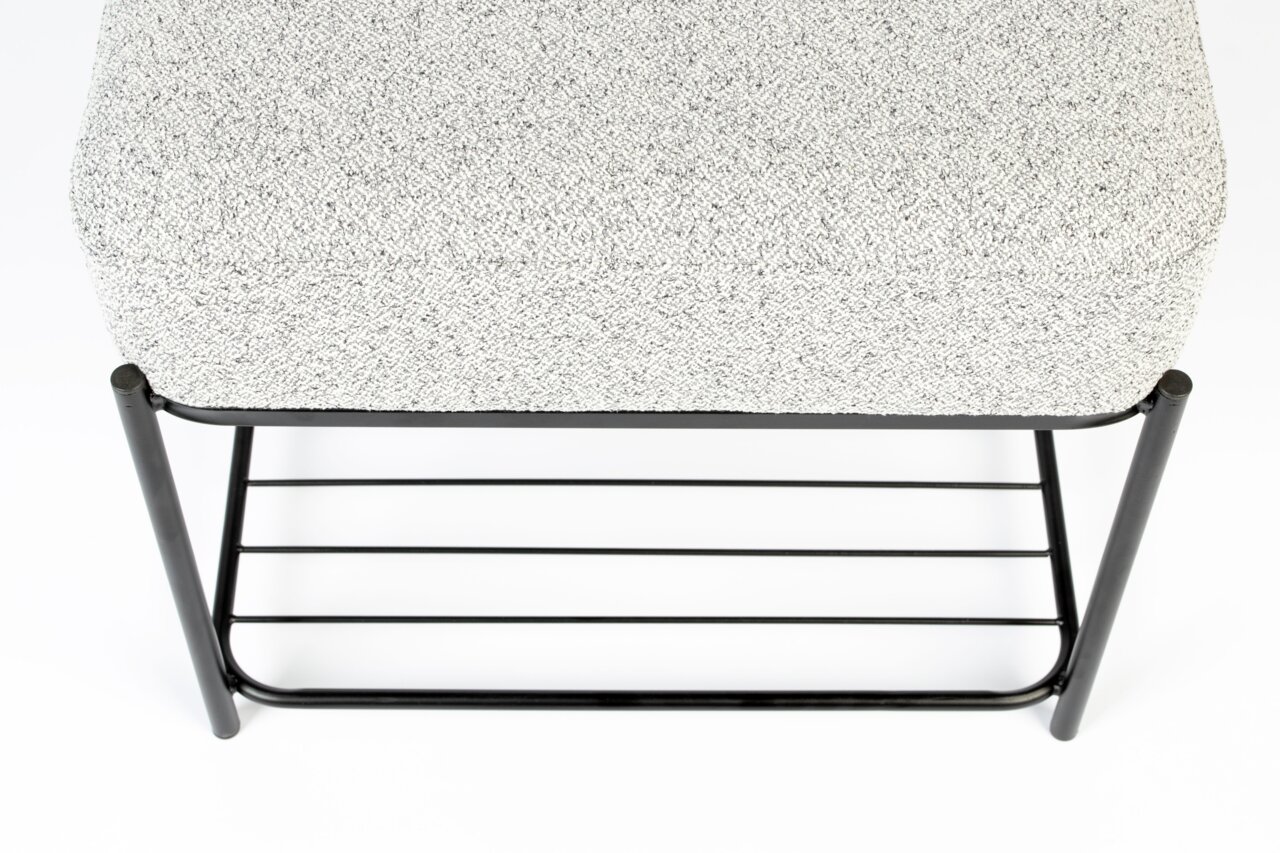 Kruk met grijze, gestructureerde zitting en zwart metalen frame, gezien van bovenaf