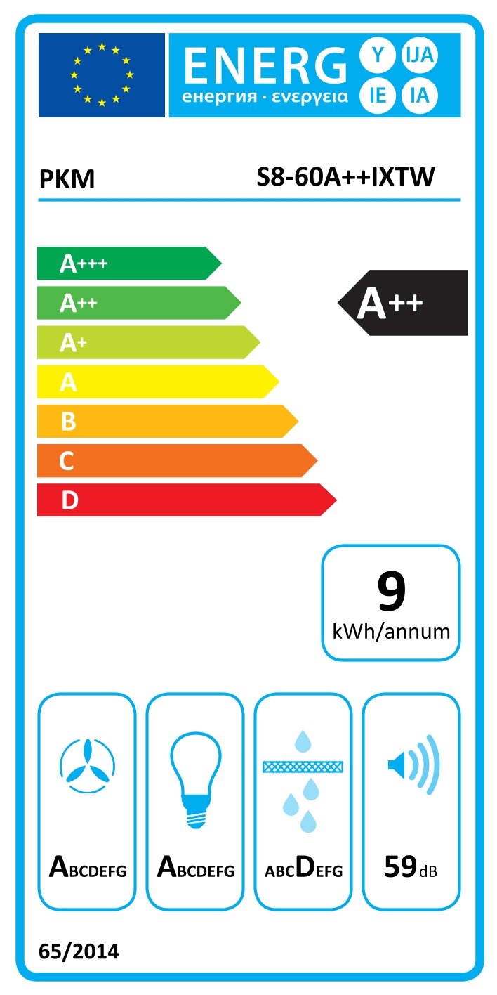 EU-Energielabel für PKM S8-60A++IXTW, Energieeffizienzklasse A++, Jahresverbrauch 9 kWh/annum, Geräuschpegel 59 dB; frontale Ansicht