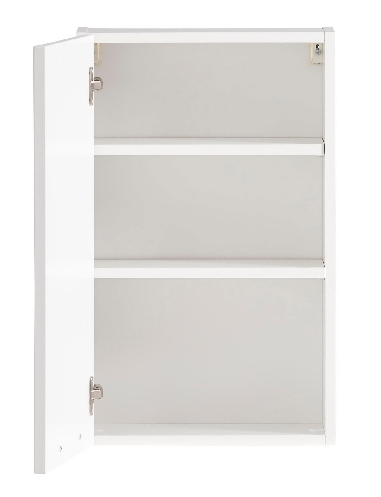 Weißer Hängeschrank mit zwei Einlegeböden, geöffnete Tür, Frontalansicht