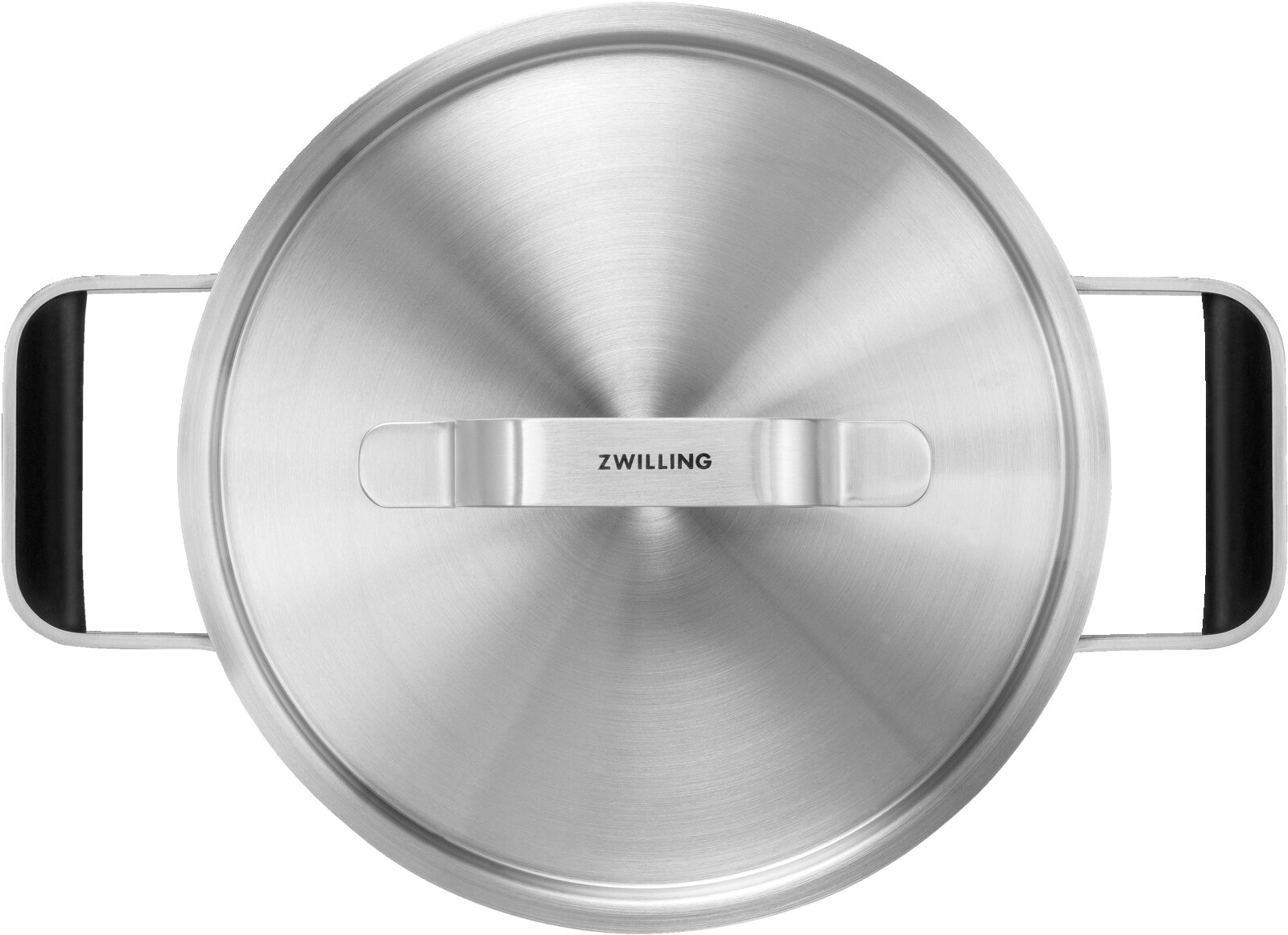Topfdeckel aus Edelstahl von oben mit Griff und Markenlogo