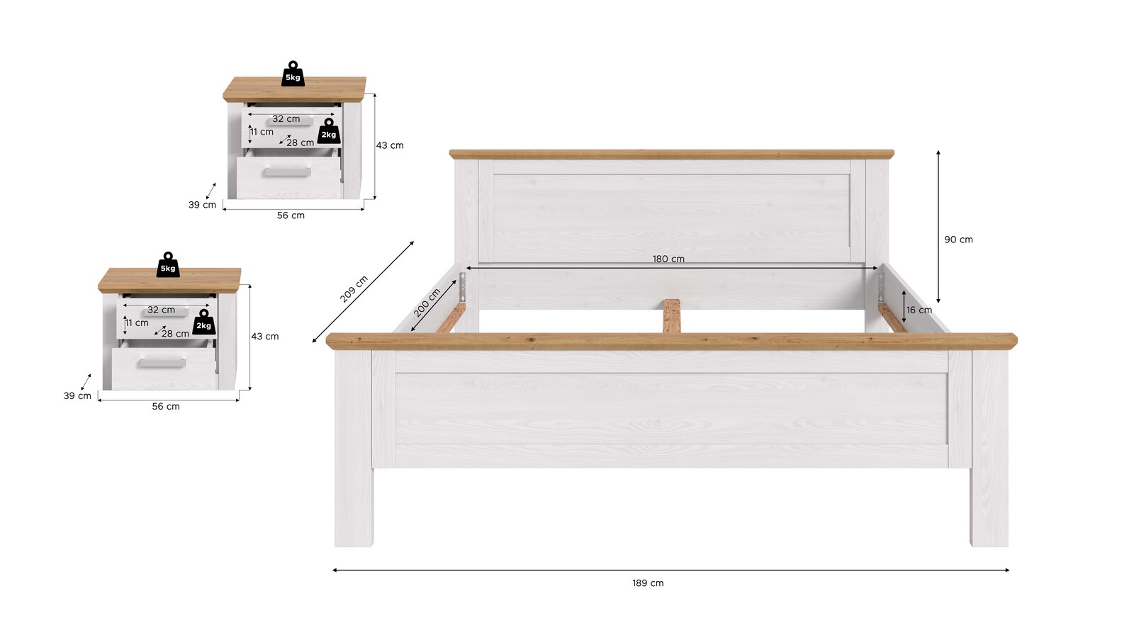 Weißes Holzbettgestell mit naturfarbener Holzauflage, Maße ca. 189 x 209 cm, Kopfteilhöhe 90 cm, Innenbreite 180 cm; daneben zwei passende Nachttische (56 x 39 x 43 cm) mit Schublade und Ablage, Frontansicht/leicht schräg von vorn mit Maßangaben.