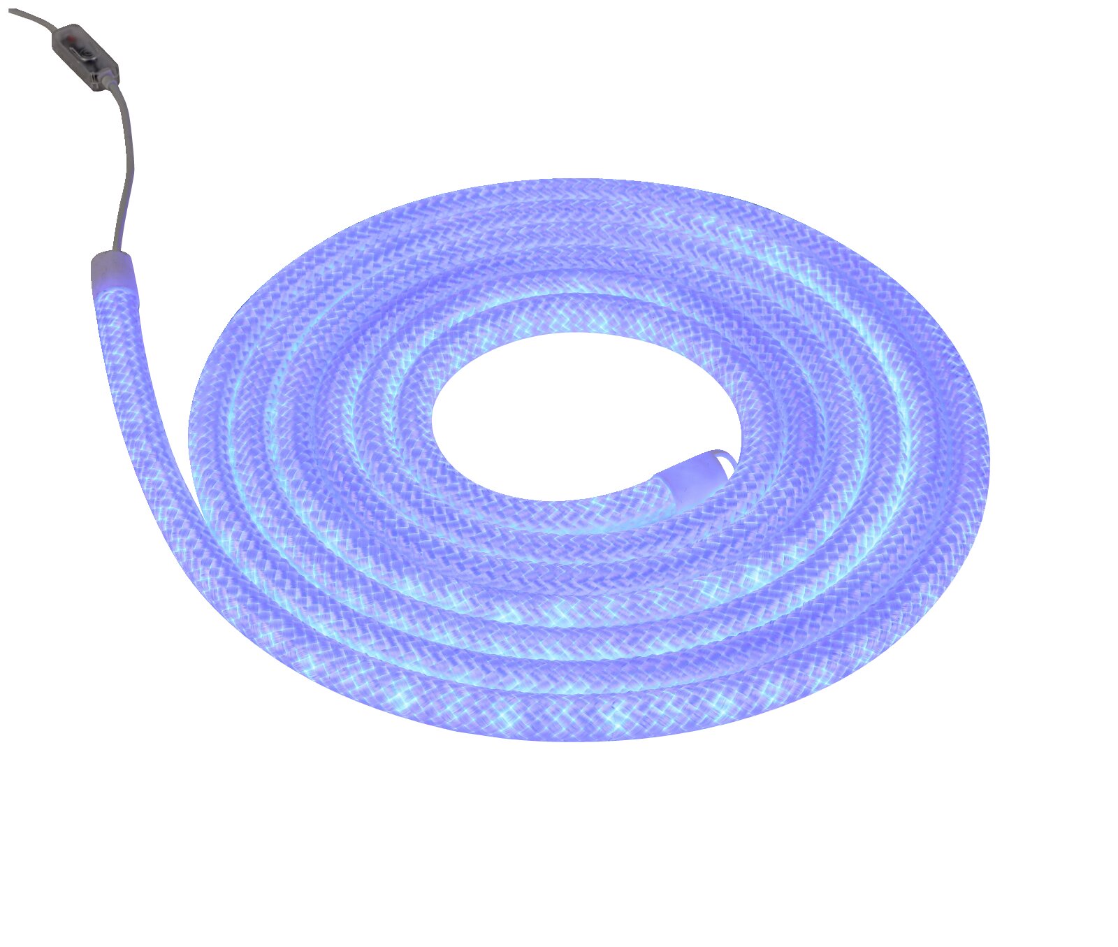 Blau leuchtendes LED-Lichtseil mit geflochtener Ummantelung und Kabelschalter, auf weißem Hintergrund aus schräger Draufsicht gezeigt