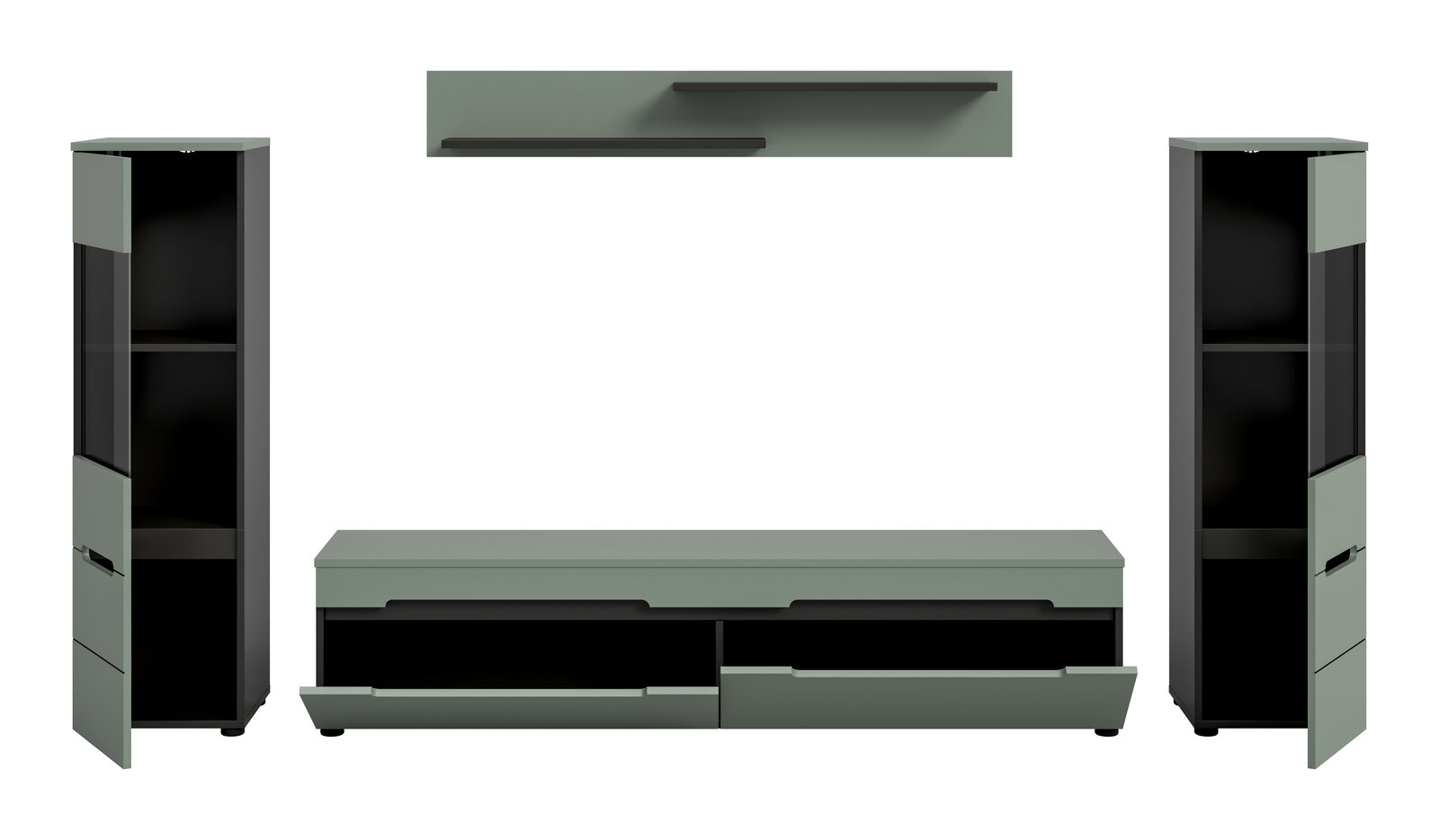 Modernes Wohnzimmermöbel-Set in Grau und Schwarz mit zwei hohen Vitrinenschränken, niedrigem TV-Lowboard mit Schubladen und Wandregal, frontal in leichter Perspektive dargestellt