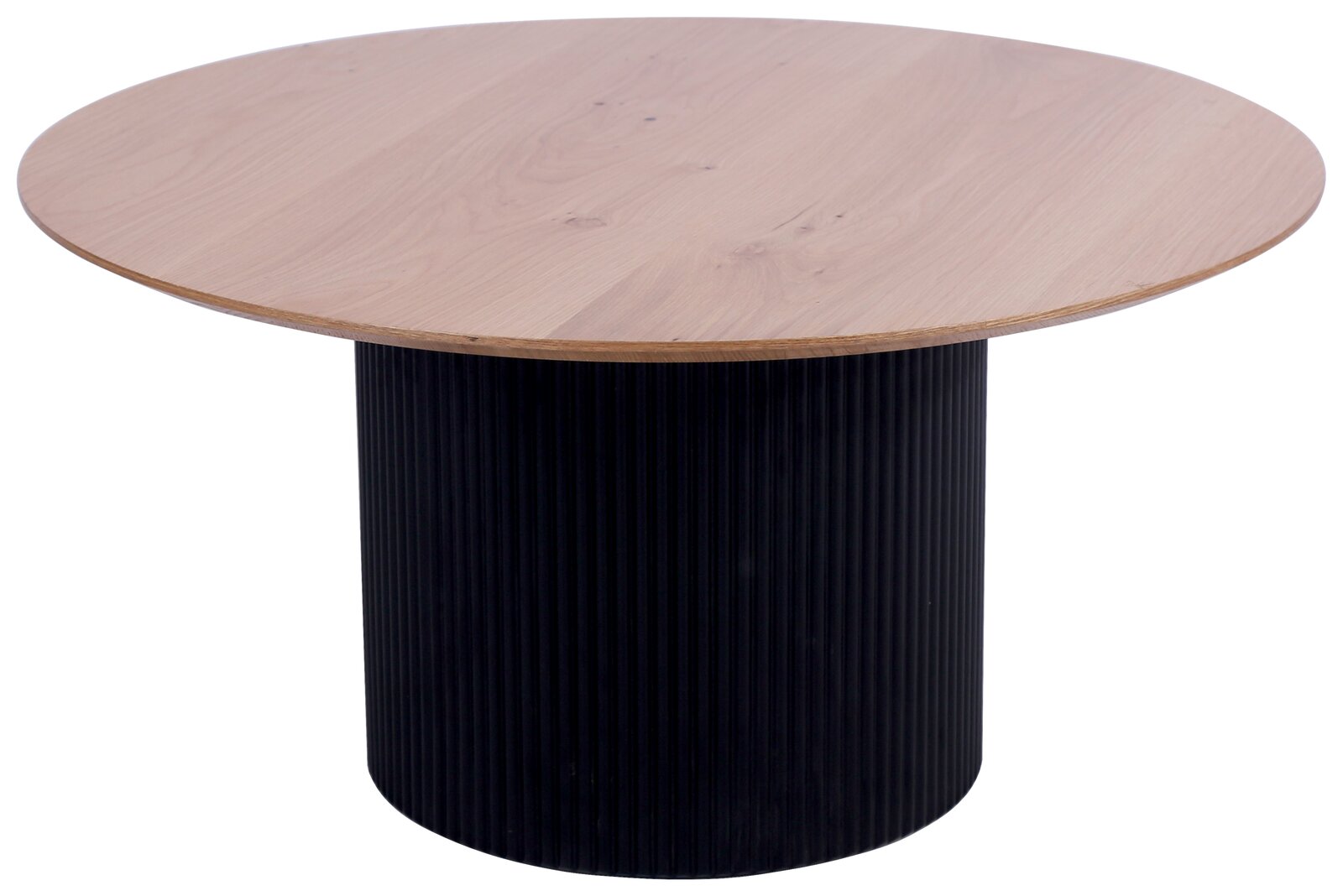 Runder Couchtisch mit einer Holzplatte und einem schwarzen, geriffelten Sockel, seitliche Perspektive