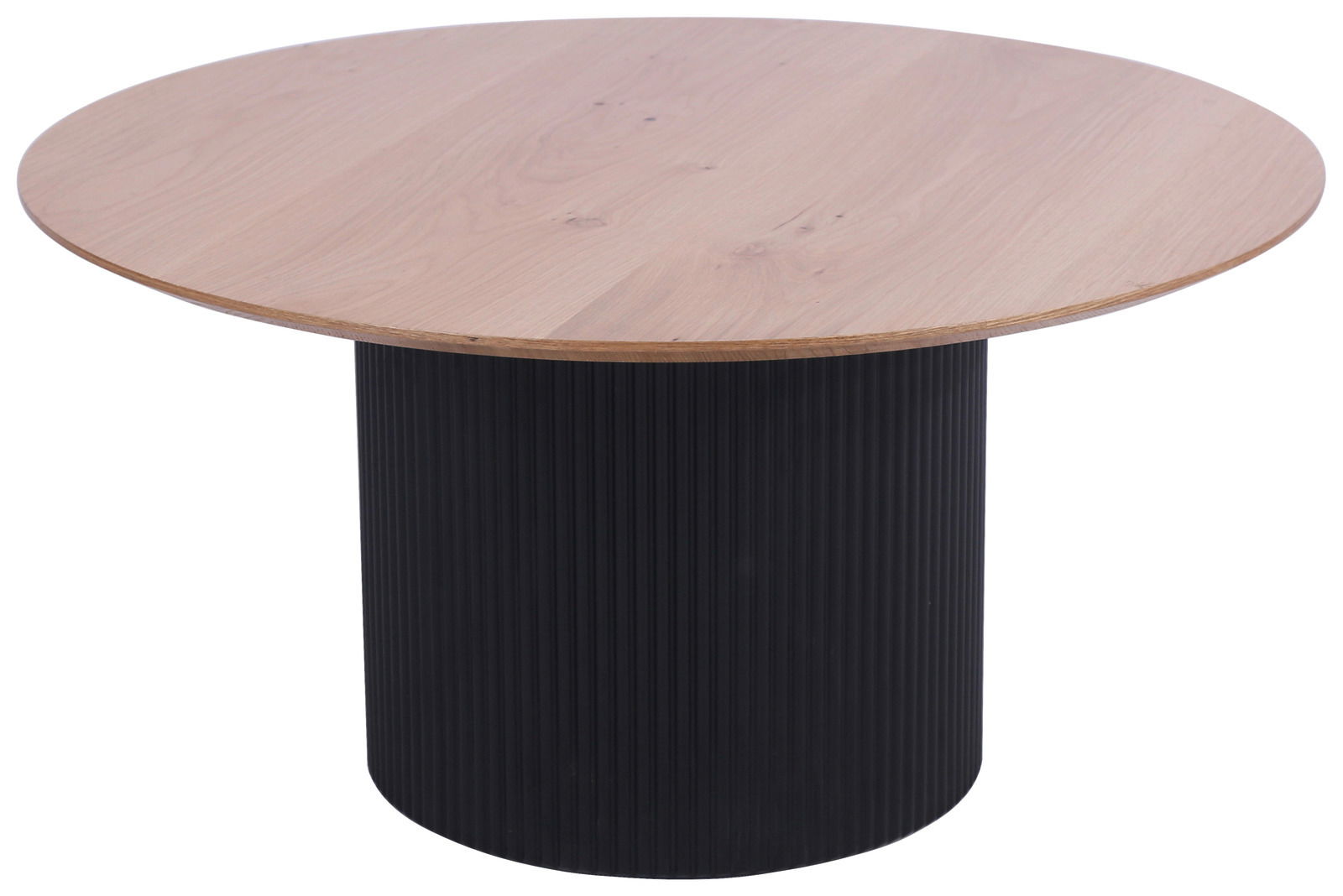 Runder Couchtisch mit einer Holzplatte und einem schwarzen, geriffelten Sockel, seitliche Perspektive