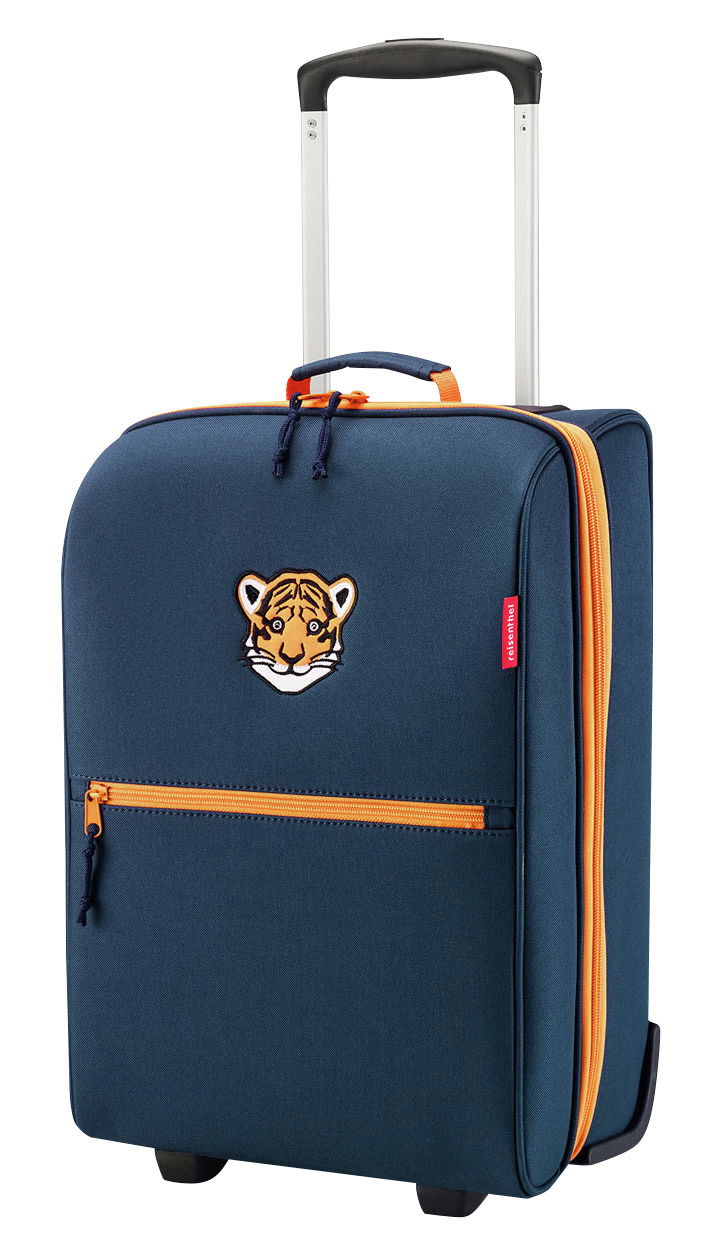 Vorderansicht eines blauen Kinder-Trolleys mit Tiger-Motiv und orangefarbenen Akzenten.