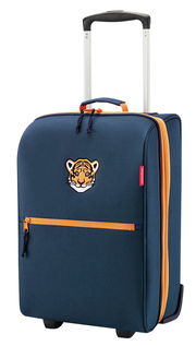 Vorderansicht eines blauen Kinder-Trolleys mit Tiger-Motiv und orangefarbenen Akzenten.