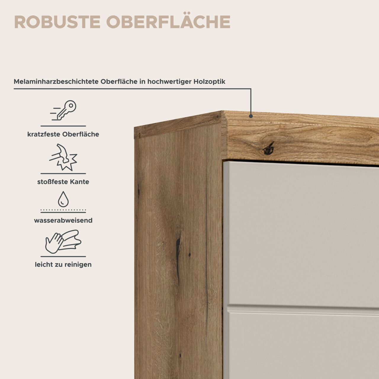 Detailansicht aus schräger Front-/Seitenperspektive eines Möbelstücks in Holzoptik mit melaminharzbeschichteter, robuster Oberfläche; Hinweise auf kratzfest, stoßfeste Kante, wasserabweisend und leicht zu reinigen.
