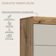 Detailansicht aus schräger Front-/Seitenperspektive eines Möbelstücks in Holzoptik mit melaminharzbeschichteter, robuster Oberfläche; Hinweise auf kratzfest, stoßfeste Kante, wasserabweisend und leicht zu reinigen.