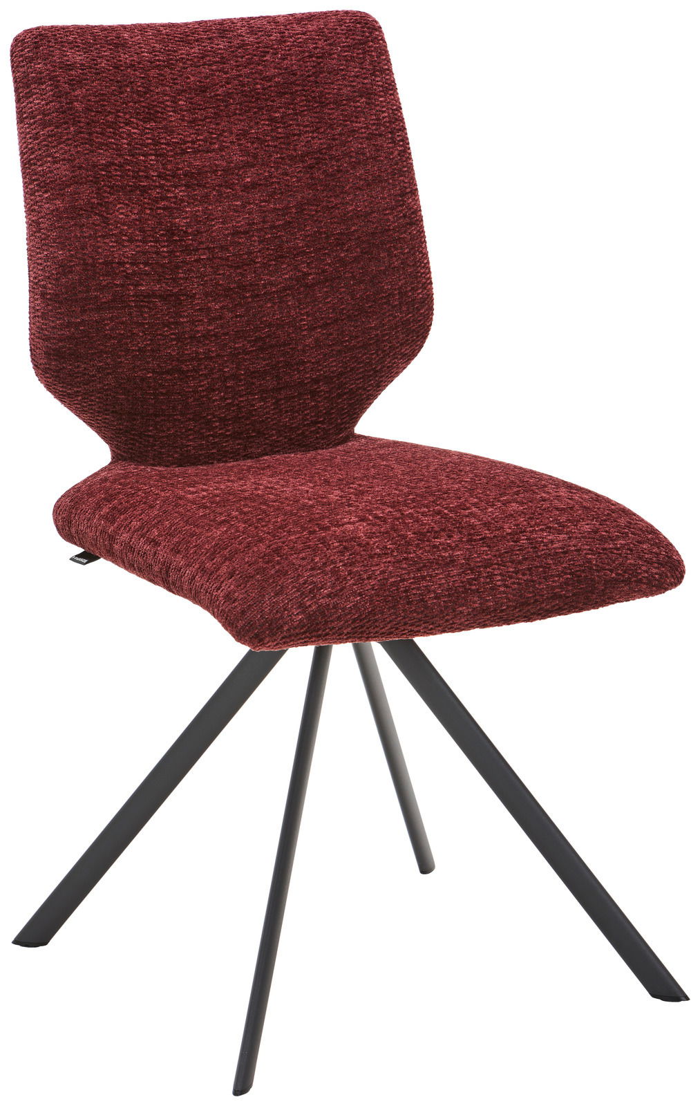 Moderner Stuhl mit weinrotem Stoffbezug und schwarzem Metallgestell, seitliche Perspektive